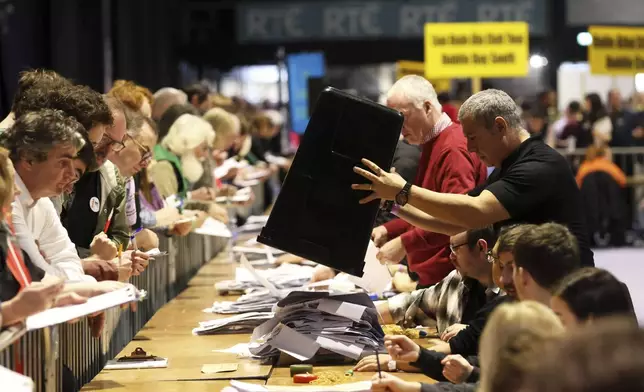 Counting begins for Ireland's General Election at the Royal Dublin Society in Dublin, Ireland, Saturday, Nov. 30, 2024. (AP Photo/Peter Morrison)