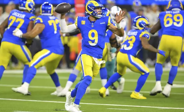 Los Angeles Rams quarterback Matthew Stafford passes during the first half of an NFL football game against the Miami Dolphins, Monday, Nov. 11, 2024, in Inglewood, Calif. (AP Photo/Jayne Kamin-Oncea)