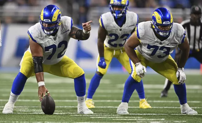 FILE - Los Angeles Rams center Jonah Jackson (72) and guard Steve Avila (73) wait for the snap of the ball during the first half of an NFL football game against the Detroit Lions, Sept. 8, 2024, in Detroit. (AP Photo/David Dermer, file)