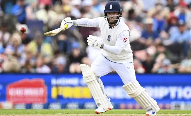 England's Ben Duckett bats during play on the second day of the first cricket test between England and New Zealand at Hagley Oval in Christchurch, New Zealand, Friday, Nov. 29, 2024. (Andrew Cornaga/Photosport via AP)