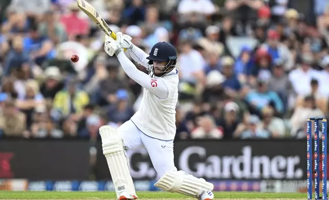 England's Ben Duckett bats during play on the second day of the first cricket test between England and New Zealand at Hagley Oval in Christchurch, New Zealand, Friday, Nov. 29, 2024. (Andrew Cornaga/Photosport via AP)