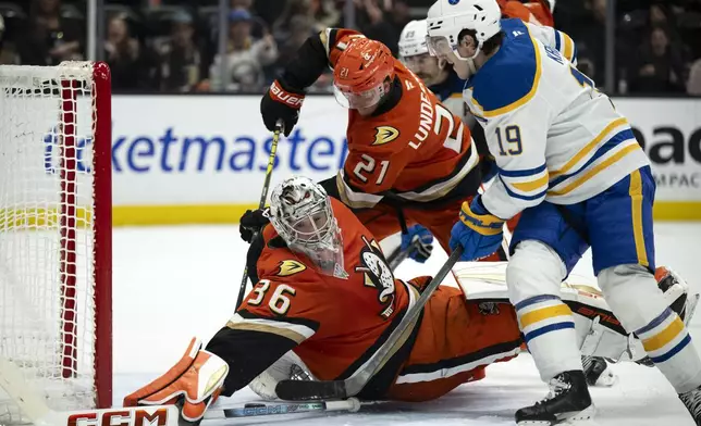 Buffalo Sabres center Peyton Krebs (19) scores past Anaheim Ducks goaltender John Gibson (36) during the second period of an NHL hockey game, Friday, Nov. 22, 2024, in Anaheim, Calif. (AP Photo/Kyusung Gong)