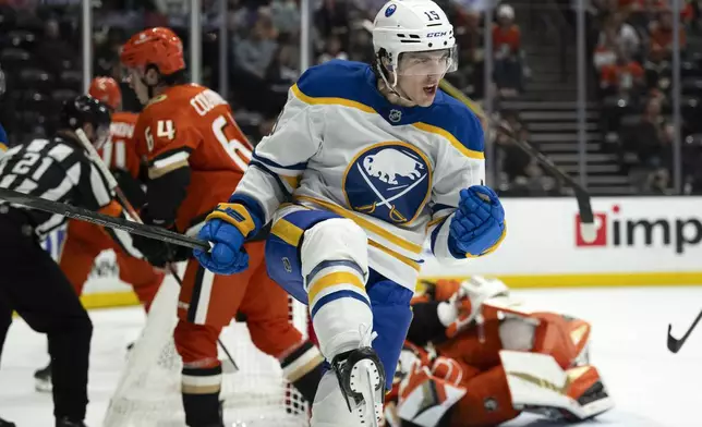 Buffalo Sabres center Peyton Krebs (19) celebrates his goal during the second period of an NHL hockey game against the Anaheim Ducks, Friday, Nov. 22, 2024, in Anaheim, Calif. (AP Photo/Kyusung Gong)