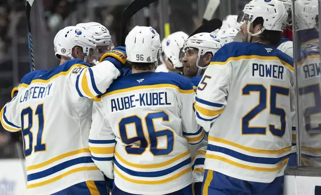 Buffalo Sabres players celebrate a goal by left wing Jason Zucker (17) during the second period of an NHL hockey game against the Anaheim Ducks, Friday, Nov. 22, 2024, in Anaheim, Calif. (AP Photo/Kyusung Gong)