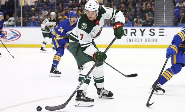 Minnesota Wild defenseman Brock Faber (7) passes the puck during the second period of an NHL hockey game against the Buffalo Sabres, Wednesday, Nov. 27, 2024, in Buffalo, N.Y. (AP Photo/Jeffrey T. Barnes)