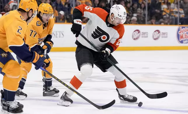 Philadelphia Flyers center Ryan Poehling (25) skates the puck past Nashville Predators defenseman Luke Schenn (2) and right wing Luke Evangelista (77) during the first period of an NHL hockey game Wednesday, Nov. 27, 2024, in Nashville, Tenn. (AP Photo/George Walker IV)