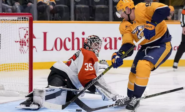 Philadelphia Flyers goaltender Aleksei Kolosov (35) defends the goal against the Nashville Predators center Steven Stamkos (91) during the second period of an NHL hockey game Wednesday, Nov. 27, 2024, in Nashville, Tenn. (AP Photo/George Walker IV)