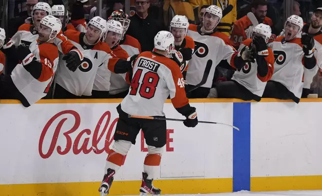 Philadelphia Flyers center Morgan Frost (48) celebrates his goal with teammates during the third period of an NHL hockey game against the Nashville Predators, Wednesday, Nov. 27, 2024, in Nashville, Tenn. The Flyers won 3-2 in overtime. (AP Photo/George Walker IV)