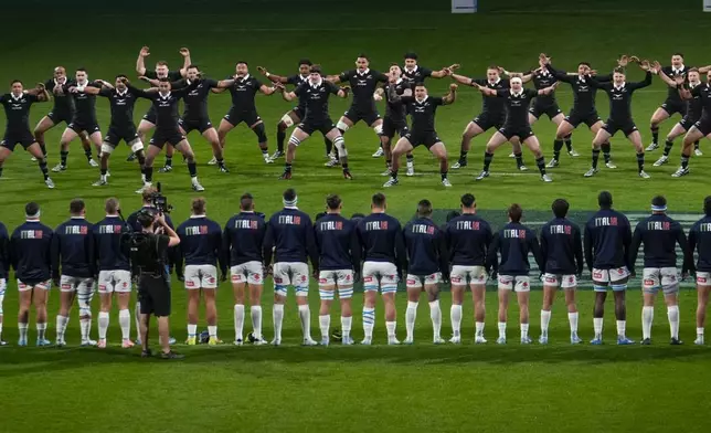 New Zealand perform the haka head of the Autumn Nations Series rugby union match between Italy and the All Blacks at the Allianz stadium, in Turin, Italy, Saturday, Nov. 23, 2024. (AP Photo/Luca Bruno)