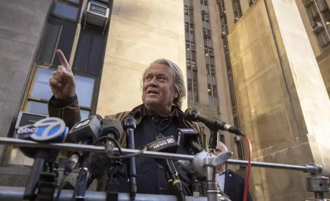 Steve Bannon speaks to the members of the media outside Manhattan criminal court in New York, Tuesday, Nov. 12, 2024. (AP Photo/Yuki Iwamura)