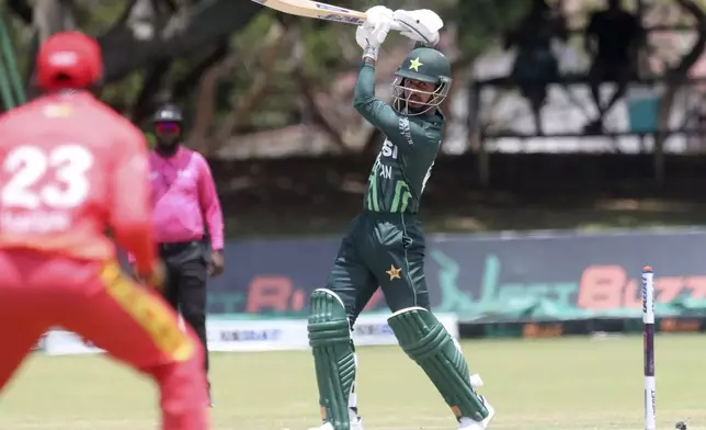 Pakistan's Saim Ayub in action during the second ODI cricket match between Zimbabwe and Pakistan at Queens Sports Club in Bulawayo, Zimbabwe, Tuesday, Nov. 26, 2024. (AP Photo/Wonder Mashura)