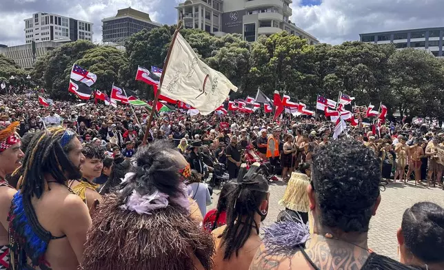 Indigenous Māori gather outside Parliament in Wellington, New Zealand, Tuesday, Nov. 19, 2024. (AP Photo/Mark Tantrum)