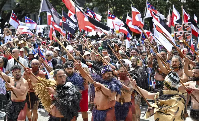 Indigenous Māori people protest outside Parliament against a proposed law that would redefine the country's founding agreement between Indigenous Māori and the British Crown, in Wellington, New Zealand, Tuesday, Nov. 19, 2024. (AP Photo/Mark Tantrum)