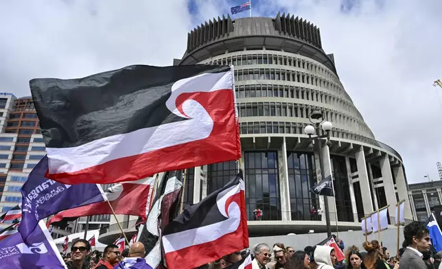 Thousands of people gather outside New Zealand's parliament to protest a proposed law that would redefine the country's founding agreement between Indigenous Māori and the British Crown, in Wellington Tuesday, Nov. 19, 2024. (AP Photo/Mark Tantrum)