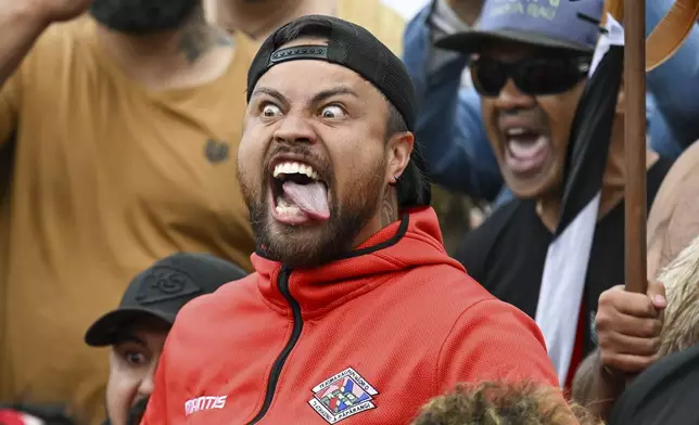 A protester reacts outside New Zealand's parliament during a demonstration against a proposed law that would redefine the country's founding agreement between Indigenous Māori and the British Crown, in Wellington Tuesday, Nov. 19, 2024. (AP Photo/Mark Tantrum)