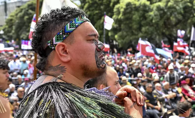 Thousands of people gather outside New Zealand's parliament to protest a proposed law that would redefine the country's founding agreement between Indigenous Māori and the British Crown, in Wellington Tuesday, Nov. 19, 2024. (AP Photo/Mark Tantrum)