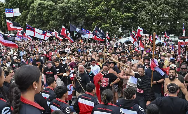 Thousands of people gather outside New Zealand's parliament to protest a proposed law that would redefine the country's founding agreement between Indigenous Māori and the British Crown, in Wellington Tuesday, Nov. 19, 2024. (AP Photo/Mark Tantrum)