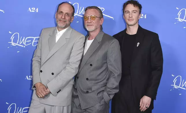 From left: Luca Guadagnino, Daniel Craig and Drew Starkey arrive at the premiere of "Queer" on Wednesday, Nov. 13, 2024, at the DGA Theater Complex in Los Angeles. (Photo by Richard Shotwell/Invision/AP)