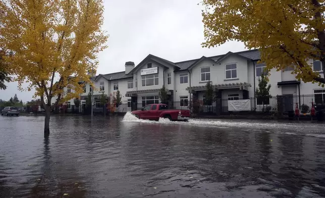 A pickup truck makes its way through a flooded street in Santa Rosa, Calif. Thursday, Nov. 21, 2024. (AP Photo/Jeff Chiu)