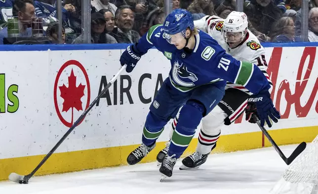 Vancouver Canucks' Danton Heinen (20) and Chicago Blackhawks' Craig Smith (15) vie for the puck during third period NHL hockey action in Vancouver, B.C., Saturday, Nov. 16, 2024. (Ethan Cairns/The Canadian Press via AP)