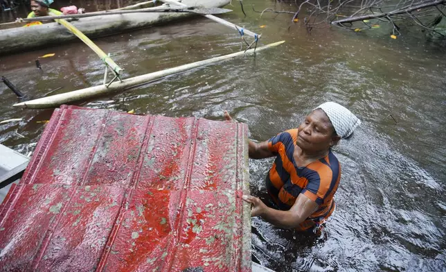 Paula Hamadi cleans up trash as she collects clams in a mangrove forest where only women are permitted to enter in Jayapura, Papua province, Indonesia on Wednesday, Oct. 2, 2024. (AP Photo/Firdia Lisnawati)