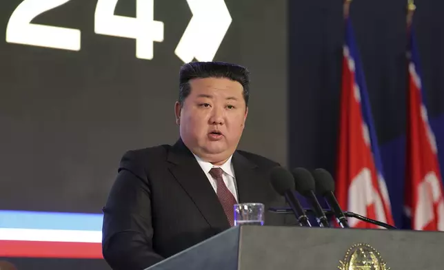 In this photo provided by the North Korean government, North Korean leader Kim Jong Un delivers a speech during an opening ceremony of a defense exhibition in Pyongyang, North Korea Thursday, Nov. 21, 2024. Independent journalists were not given access to cover the event depicted in this image distributed by the North Korean government. The content of this image is as provided and cannot be independently verified. (Korean Central News Agency/Korea News Service via AP)