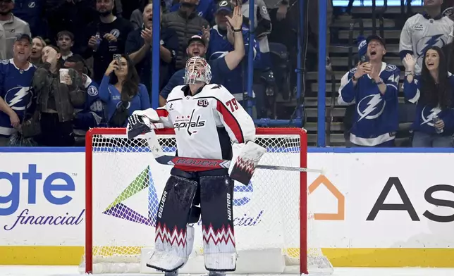 Washington Capitals goaltender Charlie Lindgren (79) looks at the replay after giving up an own goal during the third period of an NHL hockey game against the Tampa Bay Lightning Wednesday, Nov. 27, 2024, in Tampa, Fla. (AP Photo/Jason Behnken)