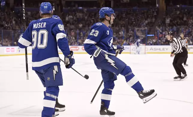 Tampa Bay Lightning center Michael Eyssimont (23) celebrates his goal during the second period of an NHL hockey game against the Washington Capitals, Wednesday, Nov. 27, 2024, in Tampa, Fla. (AP Photo/Jason Behnken)