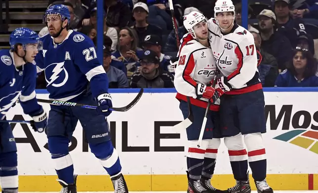 Washington Capitals left wing Andrew Mangiapane and center Dylan Strome (17) celebrate Mangiapane's goal during the second period of an NHL hockey game against the Tampa Bay Lightning, Wednesday, Nov. 27, 2024, in Tampa, Fla. (AP Photo/Jason Behnken)