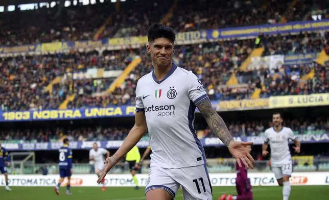 Inter Milan's Joaquin Correa celebrates scoring during the Serie A soccer match between Hellas Verona and Inter Milan at the Marcantonio Bentegodi Stadium, in Verona, Italy, Saturday, Nov. 23, 2024. (Paola Garbuio/LaPresse via AP)