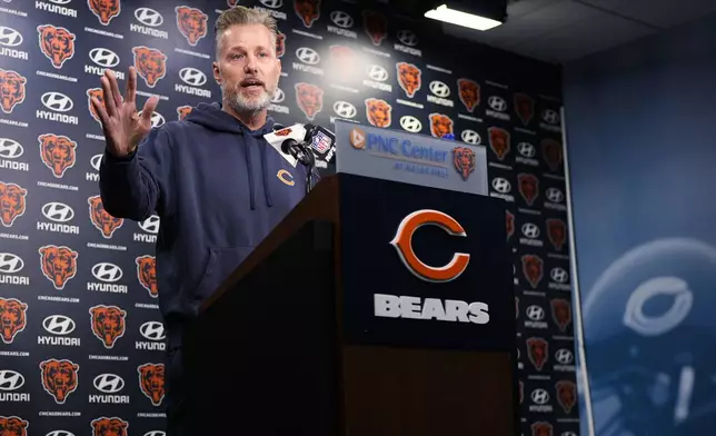 Chicago Bears head coach Matt Eberflus speaks during an NFL football news conference at Halas Hall in Lake Forest, Ill., Wednesday, Nov. 13, 2024. (AP Photo/Nam Y. Huh)