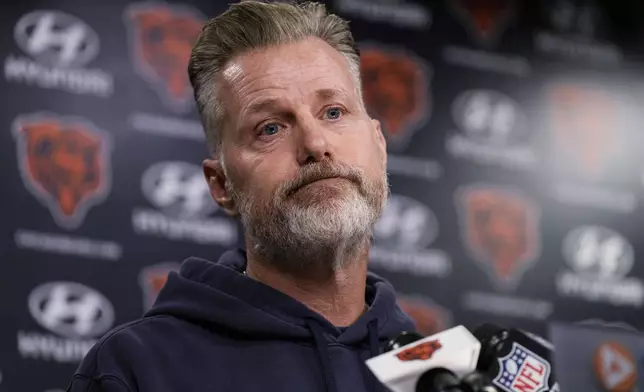 Chicago Bears head coach Matt Eberflus listens to reporters during an NFL football news conference at Halas Hall in Lake Forest, Ill., Wednesday, Nov. 13, 2024. (AP Photo/Nam Y. Huh)