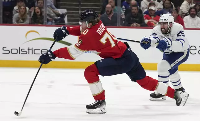 Florida Panthers center Jesper Boqvist (70) takes a shot on the goal as Toronto Maple Leafs defenseman Conor Timmins (25) defends during the second period of an NHL hockey game, Wednesday, Nov. 27, 2024, in Sunrise, Fla. (AP Photo/Lynne Sladky)