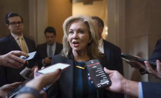 Sen. Marsha Blackburn, R-Tenn., a member of the Senate Judiciary Committee, comments to reporters after meeting in private with former Rep. Matt Gaetz, R-Fla., President-elect Donald Trump's nominee to be attorney general, at the Capitol in Washington, Wednesday, Nov. 20, 2024. (AP Photo/J. Scott Applewhite)