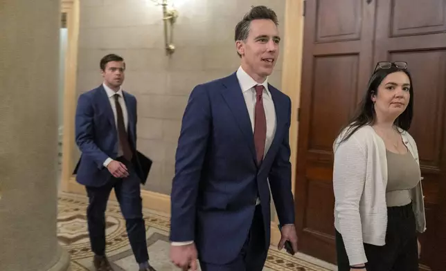 Senate Judiciary Committee Member Sen. Josh Hawley, R-Mo., leaves a meeting with former Rep. Matt Gaetz, R-Fla., President Trump's choice to be Attorney General, Wednesday, Nov. 20, 2024, on Capitol Hill in Washington. (AP Photo/Jacquelyn Martin)