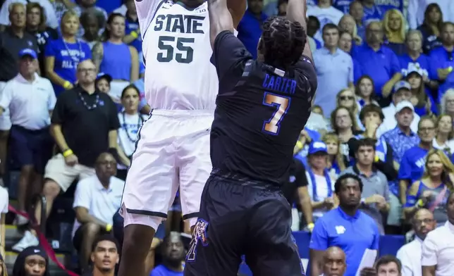 Michigan State forward Coen Carr (55) shoots against Memphis guard PJ Carter (7) during the first half of an NCAA college basketball game at the Maui Invitational Tuesday, Nov. 26, 2024, in Lahaina, Hawaii. (AP Photo/Lindsey Wasson)