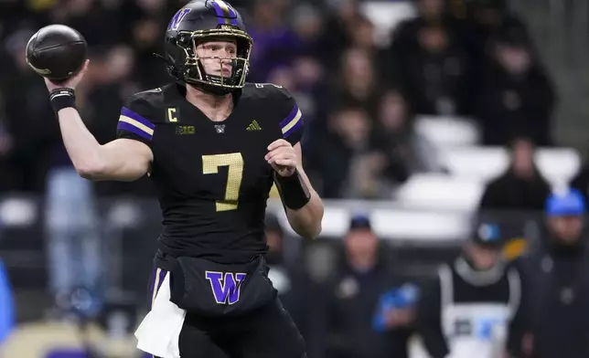 Washington quarterback Will Rogers throws against UCLA during the first half of an NCAA college football game Friday, Nov. 15, 2024, in Seattle. (AP Photo/Lindsey Wasson)