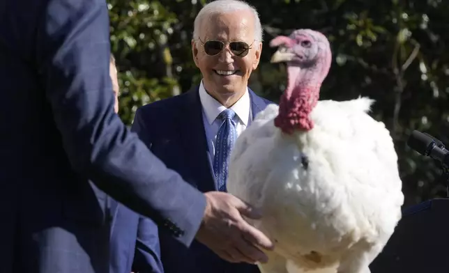 President Joe Biden is pictured after pardoning the national Thanksgiving turkey, Peach, during a ceremony on the South Lawn of the White House in Washington, Monday, Nov. 25, 2024. (AP Photo/Mark Schiefelbein)