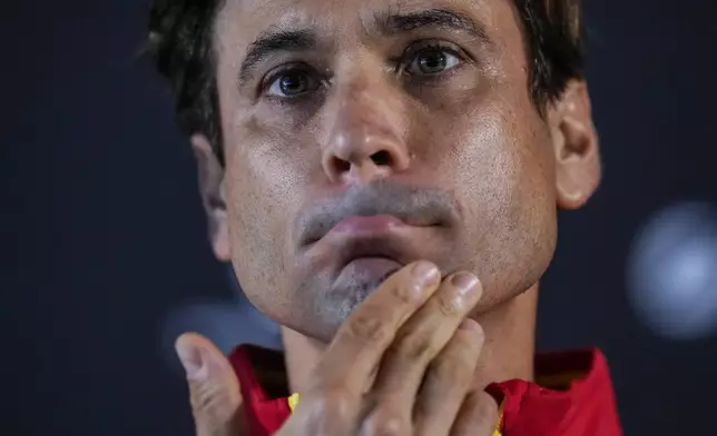 David Ferrer, captain of Team Spain, attends a press conference in Fuengirola, southern Spain, on Monday, Nov. 18, 2024. (AP Photo/Manu Fernandez)