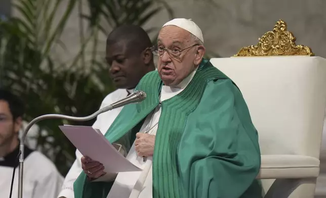 Pope Francis delivers his speech during a mass on the occasion of the World Day of the Poor in St. Peter's Basilica, at the Vatican, Sunday, Nov. 17, 2024. (AP Photo/Alessandra Tarantino)