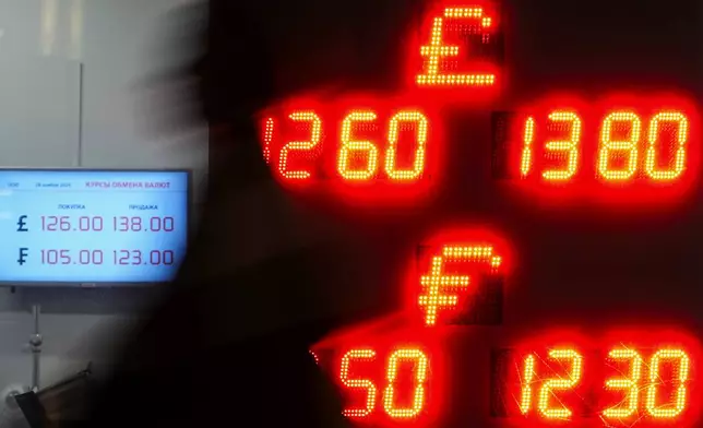 A pedestrian walks in a street near an exchange office sign showing the currency exchange rates of the Russian ruble, British pound sterling and Swiss franc in Moscow, Russia, Thursday, Nov. 28, 2024. (AP Photo/Pavel Bednyakov)