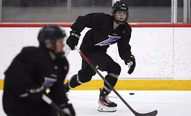 Minnesota Frost forward Brooke McQuigge (3) skates during a PWHL hockey practice Thursday, Nov. 14, 2024 at TRIA Rink in St. Paul, Minn. (Anthony Souffle/Star Tribune via AP)