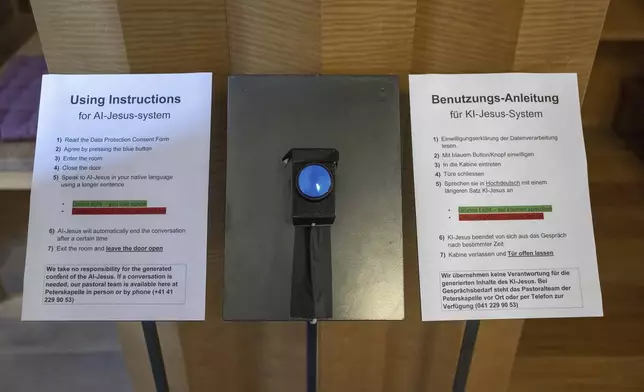 An experimental art installation with an AI Jesus entitled, Deus in Machina, installed in a confessional in St. Peter's Chapel in the old town of Lucerne, Switzerland, Sunday, Aug. 25, 2024. (Urs Flueeler/Keystone via AP)