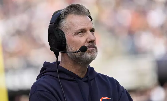 Chicago Bears head coach Matt Eberflus watches during the first half of an NFL football game against the Green Bay Packers Sunday, Nov. 17, 2024, in Chicago. (AP Photo/Nam Y. Huh)