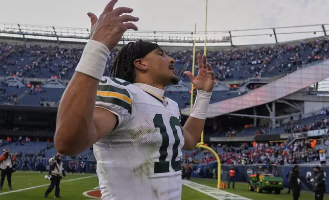 Green Bay Packers' Jordan Love reacts as he walks off the field after an NFL football game against the Chicago Bears Sunday, Nov. 17, 2024, in Chicago. The Packers won 20-19. (AP Photo/Nam Y. Huh)