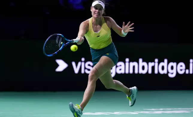 Australia's Kimberly Birrell returns the ball to Slovakia's Viktoria Hruncakova during the Billie Jean King Cup Finals, at the Martin Carpena Sports Hall, in Malaga, southern Spain, on Sunday, Nov. 17, 2024. (AP Photo/Manu Fernandez)