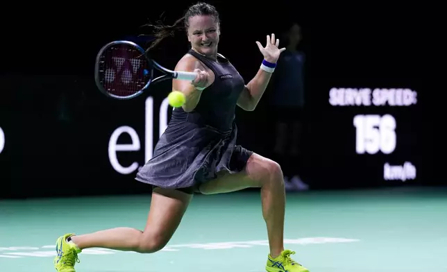 Slovakia's Viktoria Hruncakova returns the ball to Australia's Kimberly Birrell during the Billie Jean King Cup Finals, at the Martin Carpena Sports Hall, in Malaga, southern Spain, on Sunday, Nov. 17, 2024. (AP Photo/Manu Fernandez)