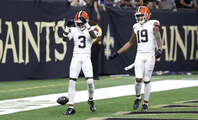 Cleveland Browns wide receiver Jerry Jeudy (3) celebrates his touchdown with wide receiver Cedric Tillman (19) in the first half of an NFL football game against the New Orleans Saints in New Orleans, Sunday, Nov. 17, 2024. (AP Photo/Butch Dill)