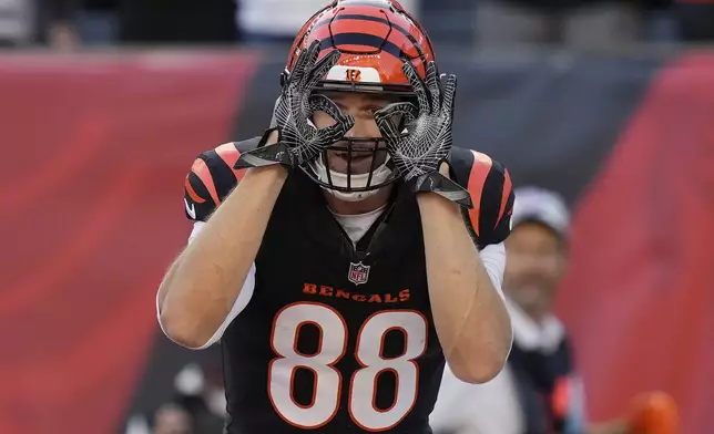 Cincinnati Bengals tight end Mike Gesicki (88) celebrates after scoring a touchdown against the Las Vegas Raiders during the second half of an NFL football game in Cincinnati, Sunday, Nov. 3, 2024. (AP Photo/Carolyn Kaster)