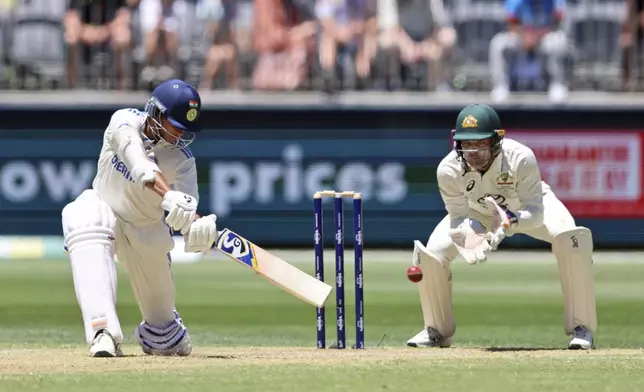 India's Yashasvi Jaiswal bats on the third day of the first cricket test between Australia and India in Perth, Australia, Sunday, Nov. 24, 2024. (AP Photo/Trevor Collens)